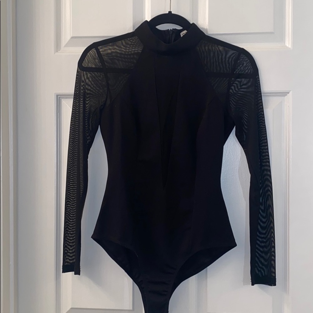 Black Bodysuit with mesh v-plunge & sleeves
